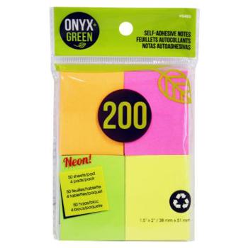 Misc. Supplies Onyx and Green Self-Adhesive Notes, 1.5" x 2", 4 Pads/50 Sheets Each, made from Recycled Paper, Neon Colors (5403) Book
