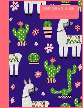 Composition notebook: 8.5''x11'' Lined Blank 110 Pages Cute Wide Ruled Paper Notebook Journal. Adorable Pink Llama, Cactus & Succulents Wide Blank ... ... for Home School College for Writing Notes