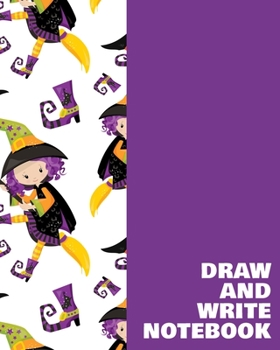 Draw and Write Notebook: Large Primary Composition Book for Handwriting Practice, Drawing, and Writing Stories with Cute Flying Witch Cartoon Pattern in Purple