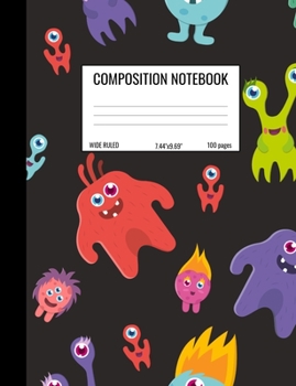 Paperback Composition Notebook: Wide Ruled Notebook for Students, Colorful Monsters on Black Journal Book