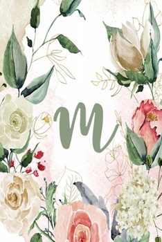 Paperback Notebook 6"x9" Lined, Letter/Initial M, Green Cream Floral Design Book