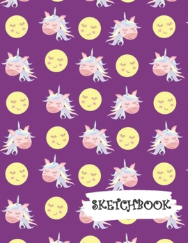 Paperback Sketchbook: Smiling Moon & Pink Unicorn Fun Framed Drawing Paper Notebook Book