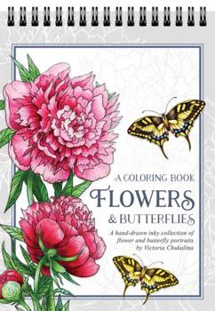 Spiral-bound Flowers and butterflies Coloring Book for Adults: 25 beautiful hand-drawn inky flower and butterfly portraits on thick artist paper with a spiral binding in hardback - Travel size coloring book