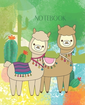 Paperback Notebook: LLAMAS AND CACTUS ON COLORFUL BACKGROUND-KAWAII CARTOON LLAMAS AND CACTUS ADORABLE COVER - 7.5 x 9.25" WIDE-RULED PAGE Book