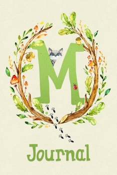 Cute Woodland Critter Journal with Initial: Cute Woodland Raccoon Journal with Green Initial 'M'