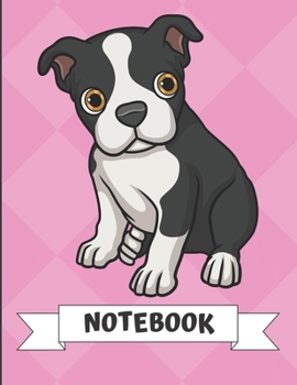 Paperback Notebook: Cute Boston Terrier Puppy Dog Cartoon on a Pink Diamond Background. Book is Filled with Lined Journal Paper for Notes Book