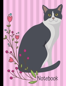 Notebook: Gray and White Cat Pink School Composition Notebook 100 Pages Wide Ruled Lined Paper