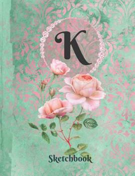 Paperback Basics Sketchbook for Drawing - Personalized Monogrammed Letter K: Framed White Pages Drawing Notebook of Green and Pink Damask Lace with Roses on Glo Book