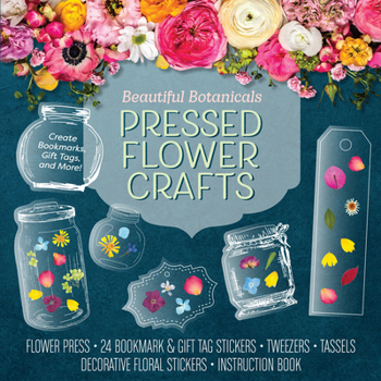 Product Bundle Beautiful Botanicals Pressed Flower Crafts Kit: Create Bookmarks, Gift Tags, and More! Kit Includes: Flower Press, 24 Bookmark and Gift Tag Stickers, Book