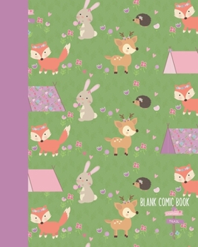 Blank Comic Book: Create, Write, and Illustrate Your Own Comic Book or Graphic Novel | Whimsical Woodland Illustration Pattern with Camping Fox, Porcupine, Bunny, and Reindeer in Green and Purple