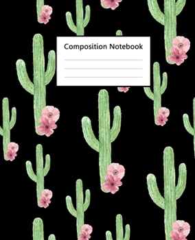 Composition Notebook : Cute Cactus Watercolor Black Pattern, 110 Pages 7.5"x9.25" College Wide Ruled Paper Notebook Journal, Blank Lined Workbook for ... Home School College for Writing Note taking.