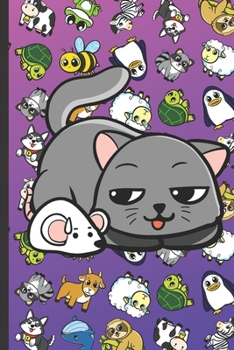 Coloring Book with Positive Affirmations and Stress Relief: Kitty Cat Cartoon on Cover with Zebras Whales Dogs Frogs Cows Sloths Penguins Raccoons Sheep Goats and Turtles on Purple Blue Background.