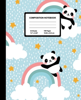 Paperback Composition Notebook: Panda Over Rainbow - Wide Ruled Paper Journal - Blank Lined Workbook for Teens Kids Students Girls, for Home School & Book