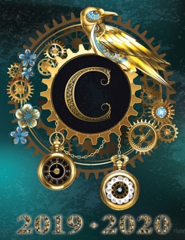 Paperback Weekly Planner Initial "C" Monogram September 2019 - December 2020: Steampunk Teal Falcon and Clock Personalized 16-Month Large Print Letter-Sized Sch [Large Print] Book
