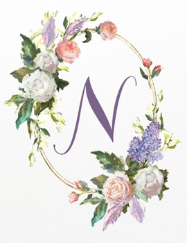N: White Pink Floral 8.5”x11” Lined Notebook (White Pink Floral Alphabet Series - Letter N)
