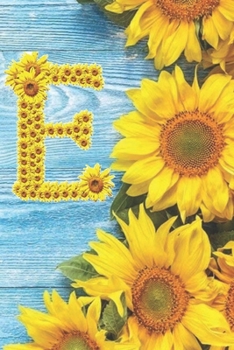 E: Sunflower Personalized Initial Letter E Monogram Blank Lined Notebook,Journal and Diary with a Rustic Blue Wood Background