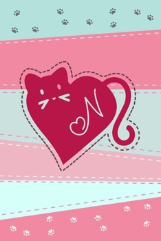 N: Heart Cat Monogram Blank Journal. A perfect romantic notebook for cat lovers.