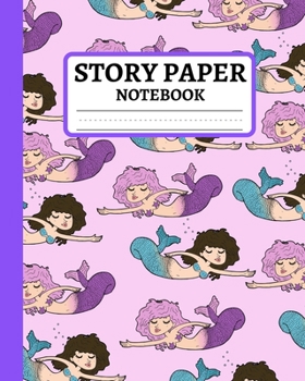 Story Paper Notebook: Primary Elementary Composition Journal In Pink Colour and Mermaids Pattern, Dashed Midline Exercise Book For School