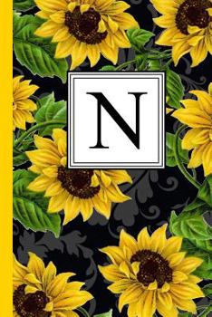 N: Floral Letter N Monogram personalized Journal, Black & Yellow Sunflower pattern Monogrammed Notebook, Lined 6x9 inch College Ruled 120 page perfect bound Glossy Soft Cover