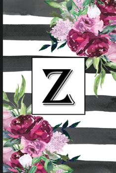 Z: Pretty Monogrammed Initial Letter "Z" Blank Lined Journal - Black & White Stripes with Floral Design