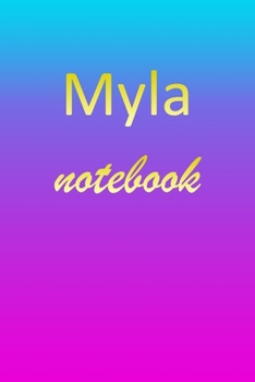 Myla: Blank Notebook Wide Ruled Lined Paper Notepad Writing Pad Practice Journal Custom Personalized First Name Initial M Blue Purple Gold Taking Class Notes, Homework, Studying School Homeschool & Un
