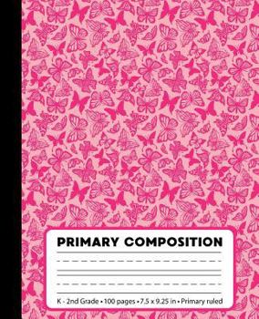 Primary Composition: Butterfly Pink Black Marble Composition Book for Girls K-2. Beautiful notebook handwriting paper. Primary ruled - midd