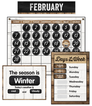 Schoolgirl Style Industrial Chic Bulletin Board Set—Farmhouse Monthly Calendar, Rustic Heart, Star, Cupcake Birthday and Special Occasion Accents, Seasons and Days of the Week Charts, (95 pc)