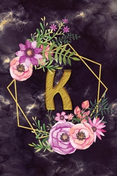 K: Personalized Dot Grid Bullet BUJO Notebook Journal Modern Floral Gold Initial Monogram Letter - Many Usage Handy Travel Size For Women Teens