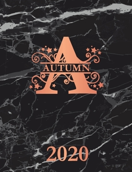 Autumn: 2020. Personalized Name Weekly Planner 2020. Monogram Letter A Notebook Planner. Black Marble & Rose Gold Cover. Datebook Calendar Schedule