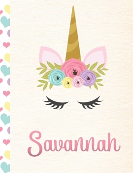 Savannah: Personalized Unicorn Primary Handwriting Notebook For Girls With Pink Name Dotted Midline Handwriting Practice Paper Kindergarten to Early Childhood Grades K-2 Composition School Exercise Bo