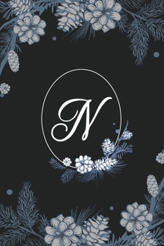N: Elegant Black & Blue Stylish Floral Monogram Initial N Notebook Blank Lined Paper Journal Gift for Women & Girls