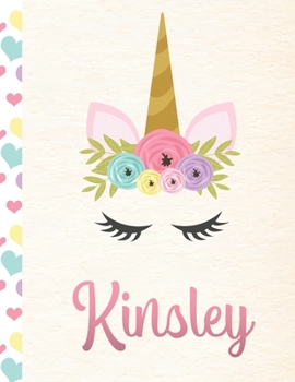Kinsley: Personalized Unicorn Primary Story Journal For Girls With Pink Name | Half Ruled Dotted Midline and Blank Picture Space | Kindergarten to ... | Grades K-2 Composition School Exercise Book