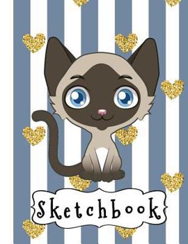 Sketchbook: Cute Siamese Cat & Gold Glitter Effect Hearts, Dark Blue Stripes, Large Blank Sketchbook, 110 Pages, 8.5" x 11", Lette