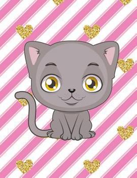 Notebook: Cute Grey Cat, Gold & Purple Stripes Glitter Heart Girly Notebook, Large Size - Letter, Wide Ruled