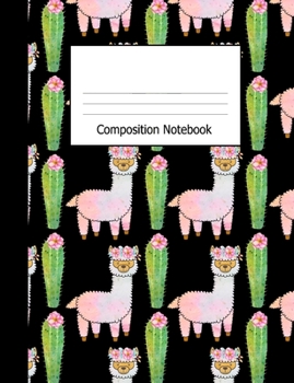 Paperback Composition Notebook: Wide Ruled Notebook Cute Llama Cactus on Black Design Cover Book