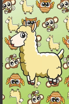 Daily and Weekly Chore Chart Notebook for Kids: Fluffy Llama with Monkey Owl and Lllamas in the Background on a Lime Green Cover.
