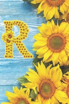 R: Sunflower Personalized Initial Letter R Monogram Blank Lined Notebook,Journal and Diary with a Rustic Blue Wood Background