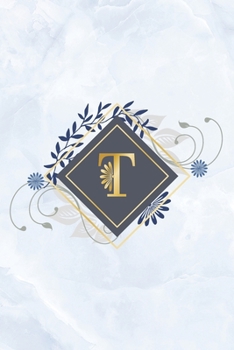 T: Marble, blue and golden initial monogram bullet journal. Chic blue marble and gold letter journal for diaries and notes or scrapbooking.