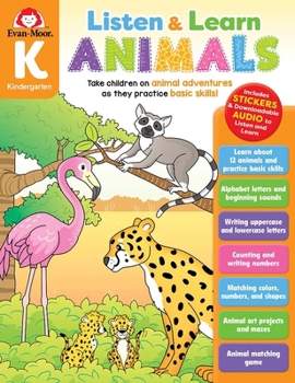 Paperback Animals, Kindergarten Workbook: Listen and Learn Audio Workbook, Reading and Math Book