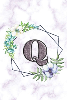 Q: Personalized Dot Grid Bullet BUJO Notebook Journal Modern white Marble Floral Silver Initial Monogram Letter Q- Many Usage Handy Travel Size For Women Teens