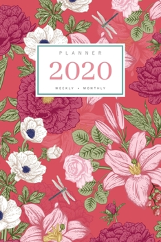 Paperback Planner 2020 Weekly Monthly: 6x9 Full Year Notebook Organizer Small - 12 Months - Jan to Dec 2020 - Vintage Flower Dragonfly Design Red Book