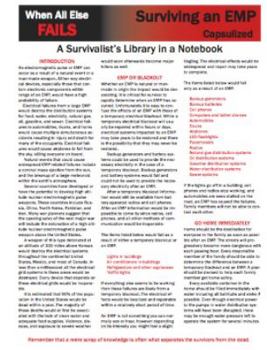 Loose Leaf Surviving an EMP Capsulized, A Survivalist's Library in a Notebook: The sheet provides instructions for identifying and surviving an electromagnetic pulse from a natural event or man-made weapon. Book