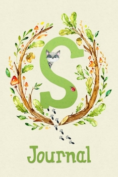Cute Woodland Critter Journal with Initial: Cute Woodland Raccoon Journal with Green Initial 'S'
