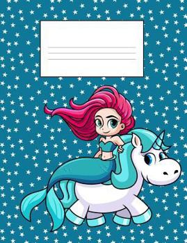 Mermaid & Unicorn School Supplies Composition Notebook: 7.4 by 9.7 Wide Ruled 140 Pages (70 Sheets) Blue Background