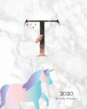 Paperback 2020 Weekly Planner: Magical Unicorn Planner Monogram With Initial "T" on Luxury Gray Marble Book