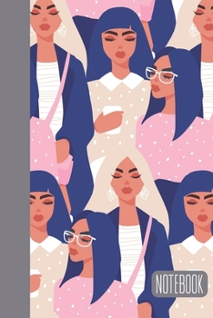 Notebook: Small Stylish Journal for Writing, Journaling, Notes, To Do Lists, Gratitude, Ideas, and More with Fun Female Illustration Pattern Cover Design in Pink and Blue