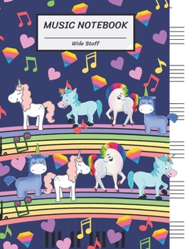 Paperback Music Notebook Wide Staff: Rainbow Diamond Heart Unicorns Walk on Bridge, Piano Keyboard/Blank Music Sheet Notebook, Big Staff Paper, Music Manus Book