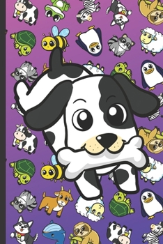 Coloring Book with Positive Affirmations and Stress Relief: Puppy Cartoon on Cover with Zebras Whales Dogs Frogs Cows Sloths Penguins Raccoons Sheep Goats and Turtles on Purple Blue Background.