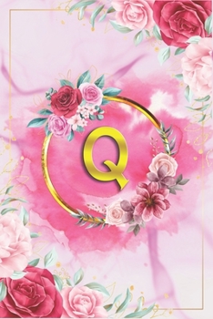 Q: Beautiful Rose Marble Blank Wide Rulled Notebook with Monogram Initial Letter Q For Women & Girls- Lovely Golden Ring Lined Personalized Diary & Journal With lined Ruled Pages.