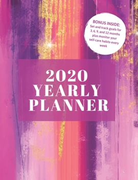 Paperback 2020 Yearly Planner: 8.5x11" Yearly Self-Care and Goal Tracking Yearly Planner (purple and gold paint) Book